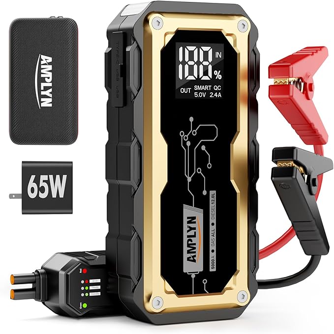 Amplyn Car Jump Starter with 65W Quick Charger 24000mAh Battery Pack,12V Car Battery Jumper Starter Portable,LED Display,All Gas 12L Diesel Engine Booster,Jump Box with LED Light,Jump Cable
