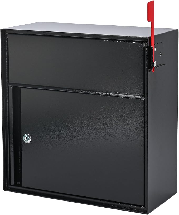 Large Wall Mount Mailbox with Lock and Outgoing Mail Flag for Outside, Steel Locking Security Mail Box with Number Stickers for House Outside, 14.8" x 6.9" x 15.4", Rainproof, Black