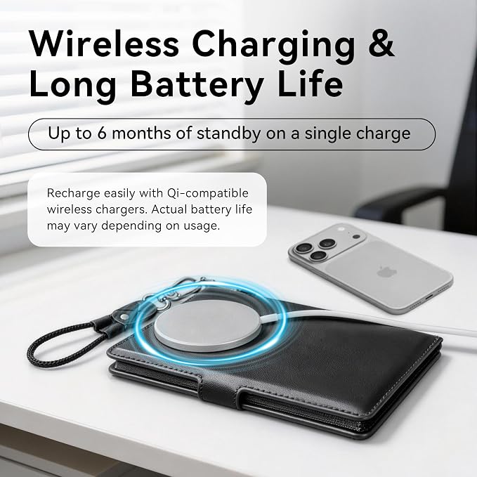 Trackable Passport Holder for Travel, RFID Blocking Wallet, Black | Rechargeable PU leather cover works with Apple Find My and is Apple MFi certified; it includes card storage and a lanyard.