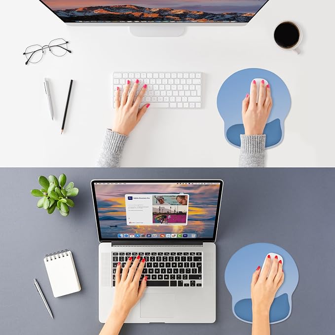 ITNRSIIET Ergonomic Mouse Pad with Wider Memory Foam Wrist Rest +17%, Curved Cushion Reduces Pressure 20%, Pain Relief, Non-Slip, Smooth, Cute Color Desk Accessory, 9.85 x 9 inch, Gradient Blue Ombre