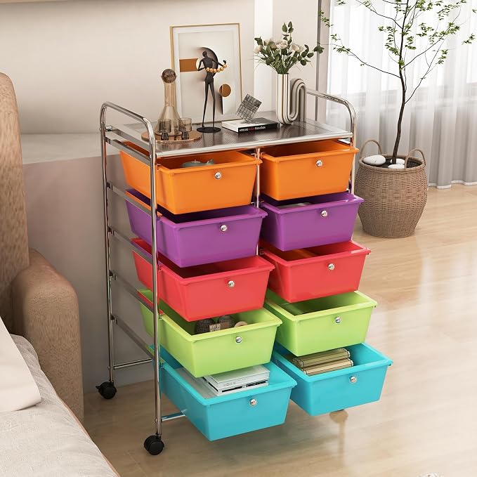 RELAX4LIFE Rolling Storage Cart with 10 Drawers - Craft Storage Cart with Lockable Wheels,Utility Cart, Art Cart Organizer for Crafting Storage, Studio, Office, Home, School Rolling Drawer Cart