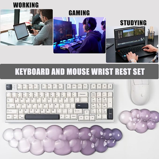 Ergonomic Cloud Silicone Gel Keyboard and Mouse Wrist Rest Set – Clear Wrist Rest for Computer Keyboard 60%/68%/75%, Comfort & Support for Typing and Gaming (Grey Purple)