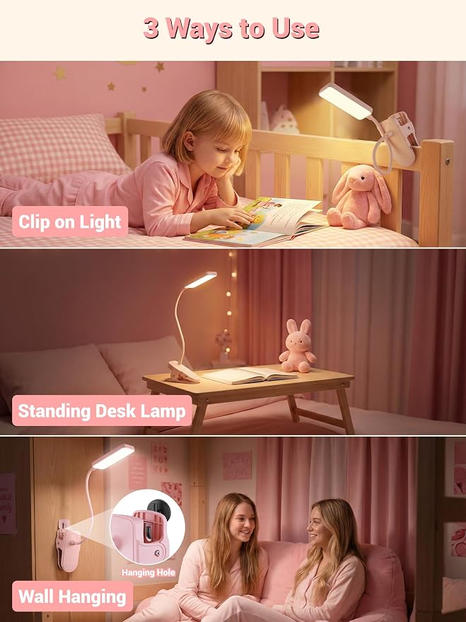 Pink Desk Lamp for Dorm Lamp, 9 Brightness+5 Color Clip on Light, Cute Lamp | 4000mAh Battery Rechargeable, Small Pink Lamp for Girls/Kids, Cordless Clip on Reading Light for Bed/Headboard/Bedside Table