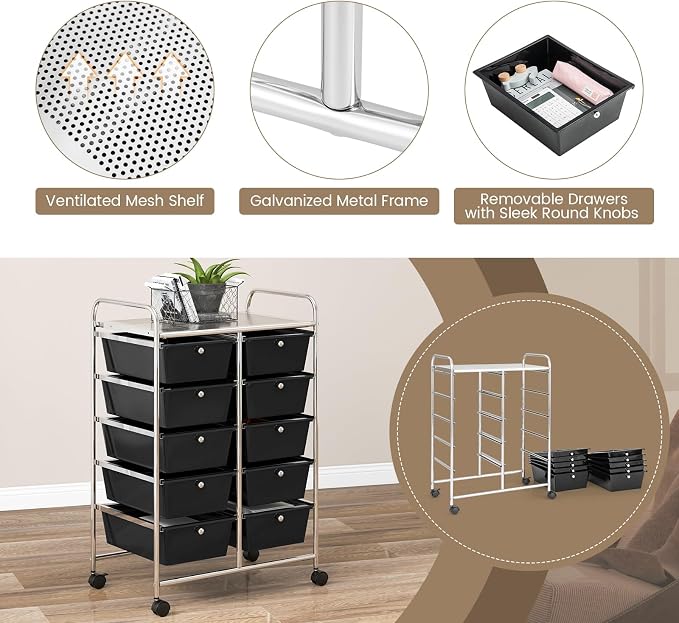 COSTWAY 10 Drawer Rolling Storage Cart, Utility Cart with Lockable Wheels | Mobile Art Supply Craft Organizer with Metal Frame, Multipurpose Drawer Cart for Paper for Office, School, Black