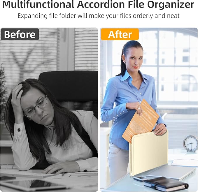 Fireproof Accordion File Organizer, Expanding File Folder with 13 Pockets | Portable Document Organizer with Waterproof Zipper & Labels, File Organizer for Important Document/Paper Storage, Khaki