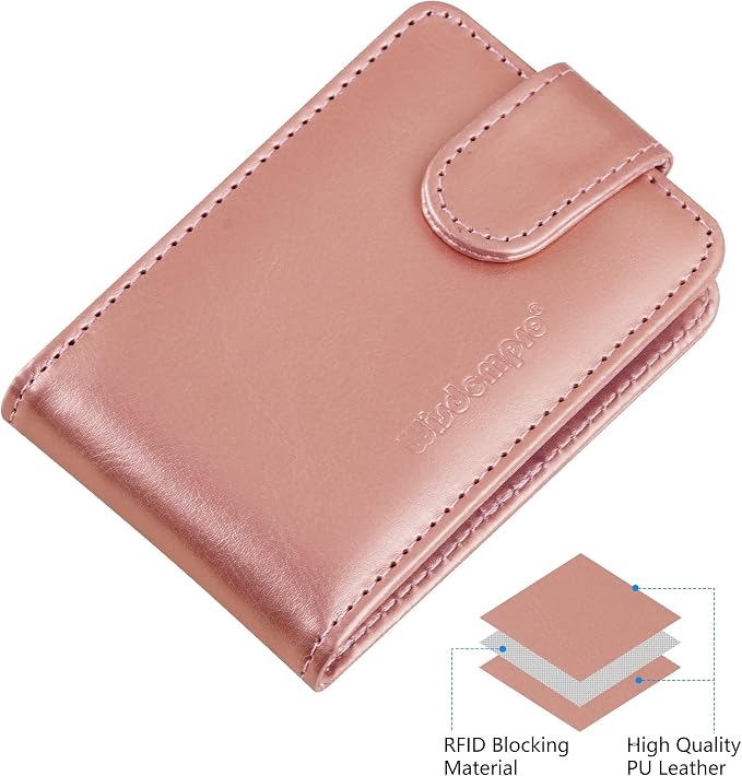 Wisdompro Credit Card Holder, RFID Blocking Wallet Debit Card Protector | Slim Leather Credit Card Organizer Case, Card Case with Magnetic Shut, 20 Card & 7 Memory Card Slots - Horizontal Rose Gold