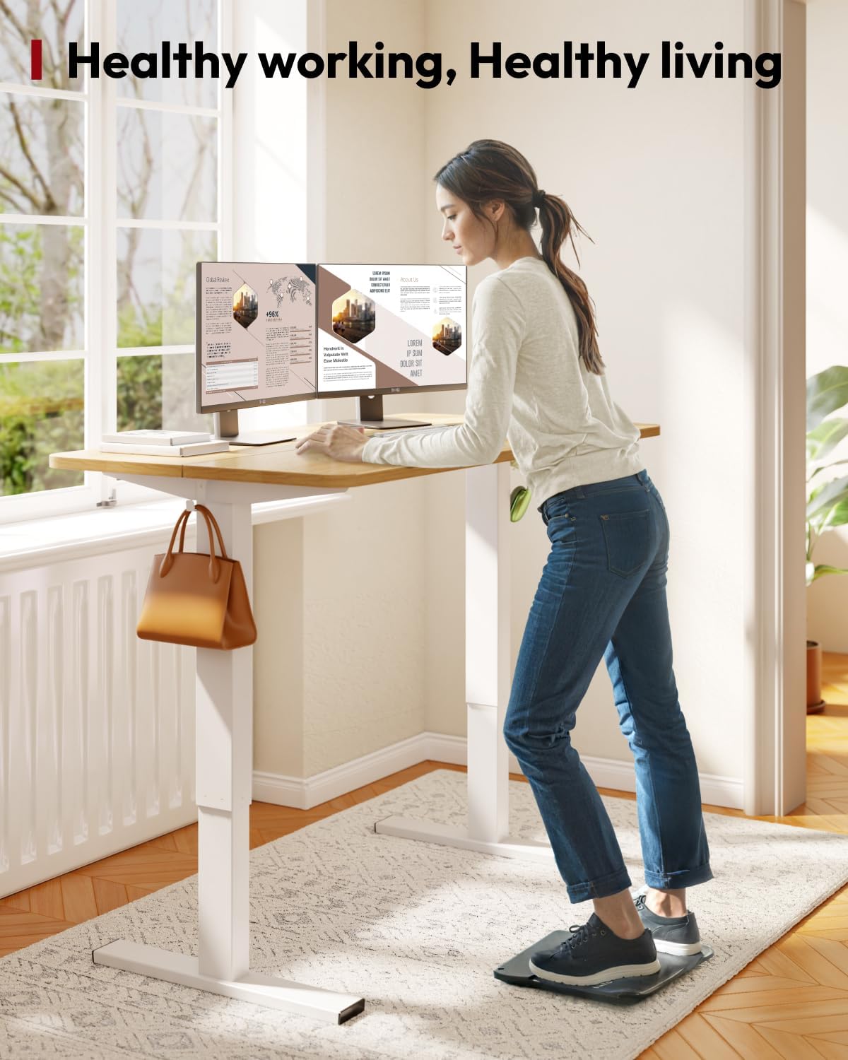 SANODESK Standing Desk Height Adjustable Electric 40x24 Inches Sit Stand Desk for Home Office with Splice Board, White Frame/Maple Top