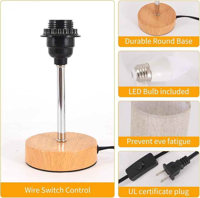 RISLG 2 Pack Small Table Lamps, Bedside Lamps for Nightstand with Wire Switch, Modern Minimalist Desk Lamp with Linen Fabric Shade for Dorm Kids Room Living Room Office Bedroom, Bulb Included