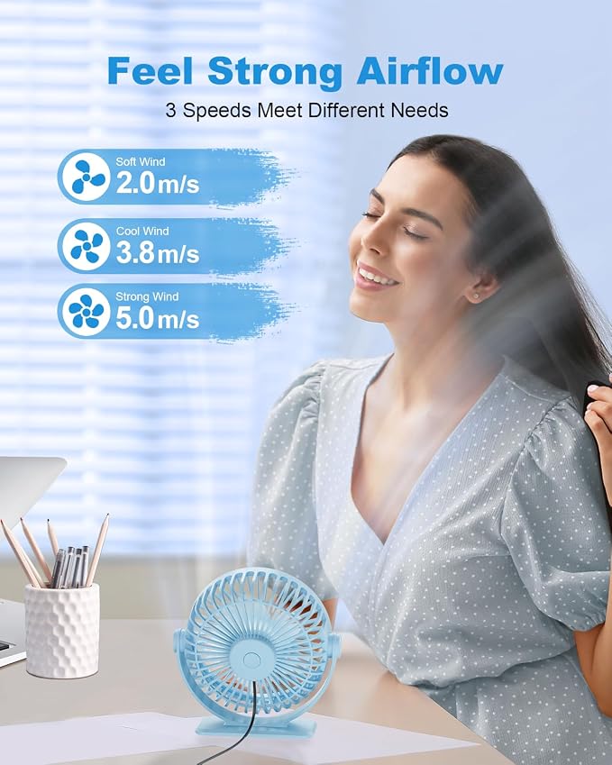 TriPole USB Desk Fan Small Portable, 360° Rotation Quiet Mini Personal Fan | Blue, 3 Speeds Plug In USB Fan, Desk Fans Small Quiet, 4.9ft Cable, Strong Breeze for Desktop Bedroom Office Table Travel