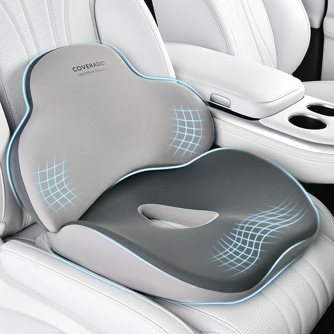 Coverado Seat Cushion and Lumbar Support Pillow for Car Office Chair, Ergonomic Memory Foam Desk Chair Cushion Back Support Pillow, Sciatica & Back & Tailbone Pain Relief Cushion
