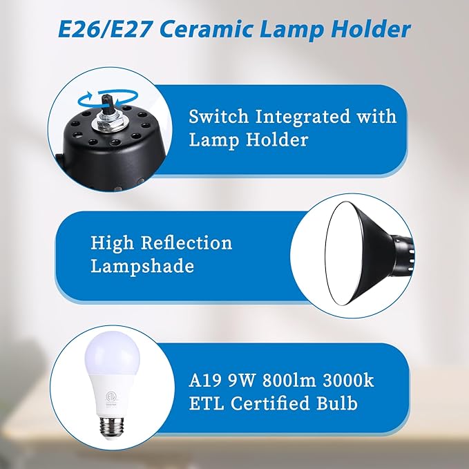 Swing Arm Desk Lamp for Home Office 360°Adjustable | Tall Metal Clamp on lamp with Bulb,Eye-Caring Clip on Desk Light for Computer Work Study Reading and Drafting