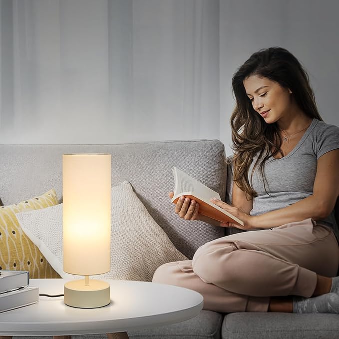 Touch Control Table Lamp, 3 Way Dimmable Bedside Lamp, Modern Desk Lamp | Simple Nightstand Lamp, Cream Base with Beige Shade, Night Light for Bedroom Living Room Home Office, LED Bulb Included