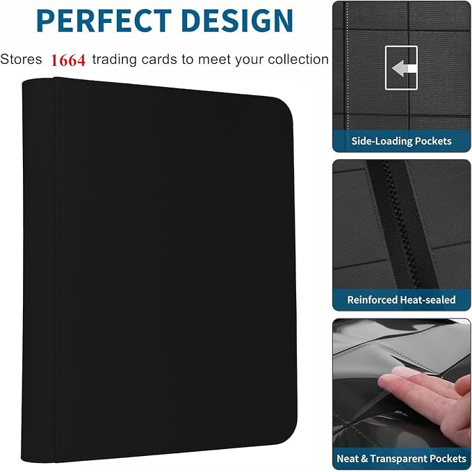 Trading Card Binder 16 Pocket, 1664 Pockets Ringless PU Cover Card Collection Binder, Double Sided Card Binder Collector Album, Card Folder for MTG, TCG, Sports Cards, Game Card (Black, 16Pockets)
