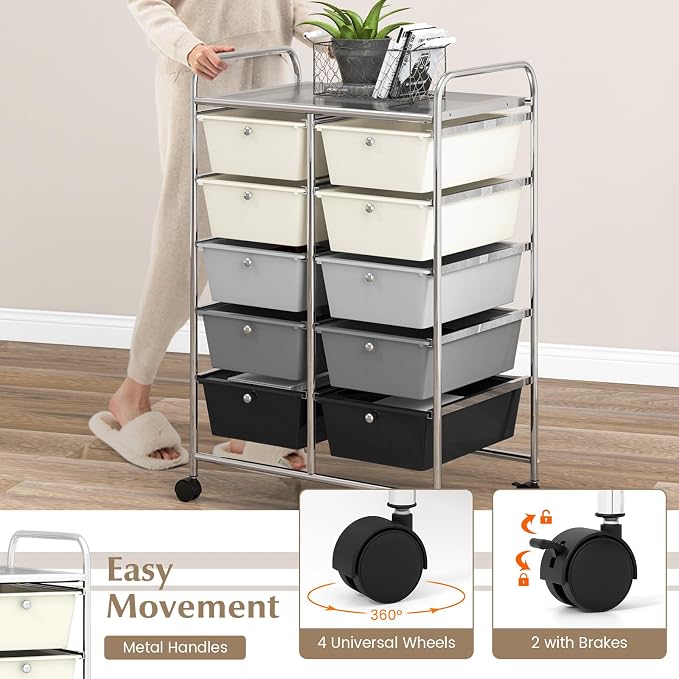 COSTWAY 10 Drawer Rolling Storage Cart, Utility Cart with Lockable Wheels | Mobile Art Supply Craft Organizer with Metal Frame, Multipurpose Drawer Cart for Paper for Office, School, Gray Gradient
