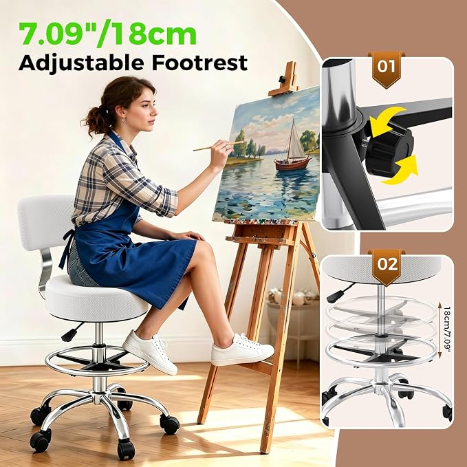 Office Drafting Chair with Footrest, Tall Height Adjustable Stool with Back Support, Heavy Duty Rolling Stool Chair with Wheels for Office Home Kitchen Bar Shop Guitar Studio Vanity, Gray