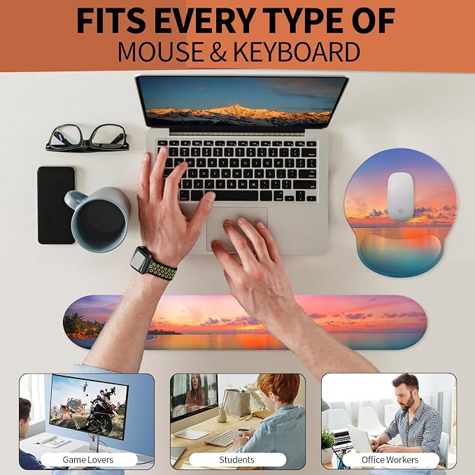 Mouse Pad Wrist Support, Ergonomic Memory Foam Keyboard Wrist Pad & Gel Wrist Rest Set for Computer Keyboard for Easy Typing & Pain Relief for Office & Home (Oceanic Sunset Set)