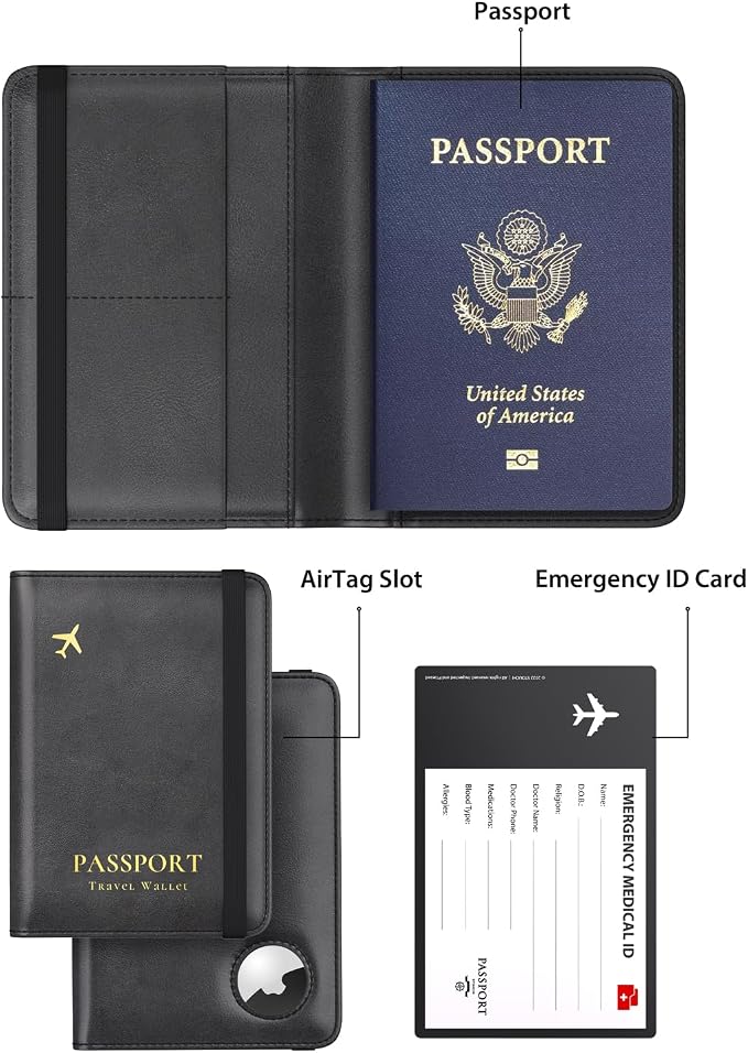 Stouchi AirTag Passport Holder – Slim RFID Travel Wallet | Ultra-slim, Waterproof PU Leather, 5 Card Slots, RFID Blocking, AirTag Slot – Perfect for US Passports