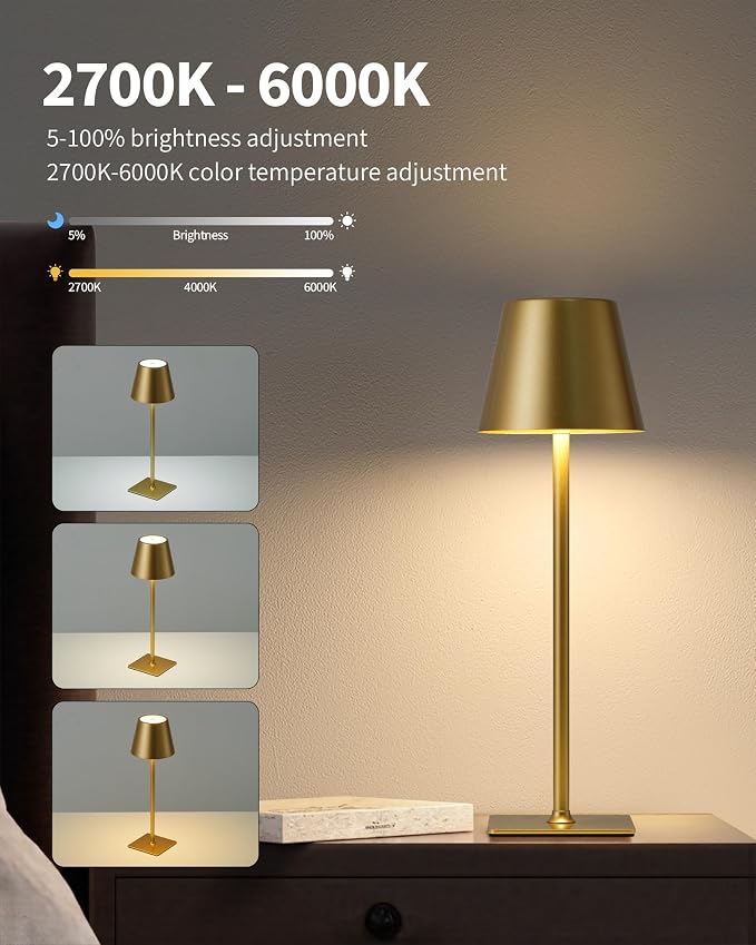 KDG Gold Cordless Table Lamps Set of 2, 4000mAh Rechargeable LED Desk Lamp | Portable, Battery Operated, 3 Color Stepless Dimming, for Restaurant, Outdoor Camping, Coffee Shop, Bedroom, Night Light