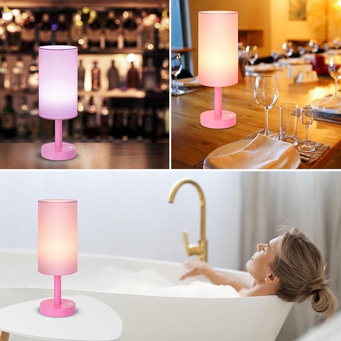 LALISU Small Table Lamp Nightstand Lamp Linen Lampshade Bedroom Wood Base Small Bedside Lamp for Night Stands, Desk Lamps for Reading Living Room, Office (LED Bulb Included) (Pink)