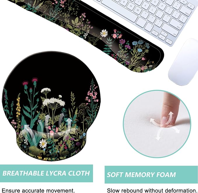 Keyboard Wrist Rest Pad Mouse Pad with Wrist Support Set of 3, Mousepad with Non-Slip Rubber Base, Ergonomic Memory Foam Mouse Wrist Cushion Support for Home Office Laptop Computer, Flowers Grass