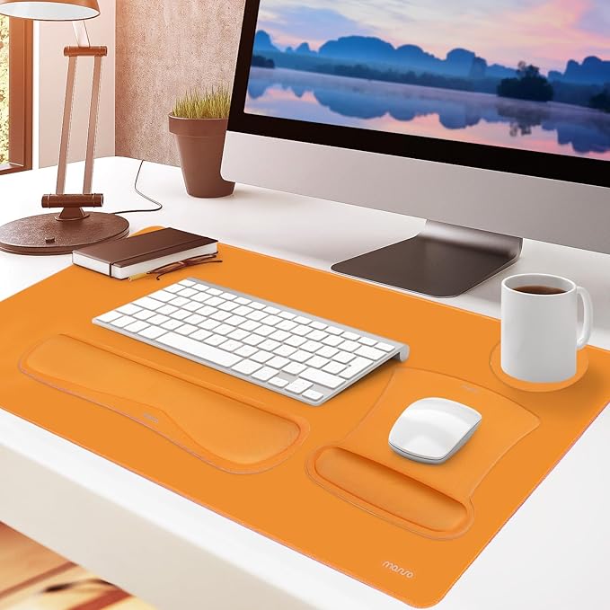 MOSISO Keyboard Mouse Pad Set, Large Gaming Mousepad&Keyboard Wrist Rest&Mouse Wrist Rest&Coaster, Ergonomic Non-Slip Mousepad&Easy Typing Cushion with Memory Foam for Home Office, Orange