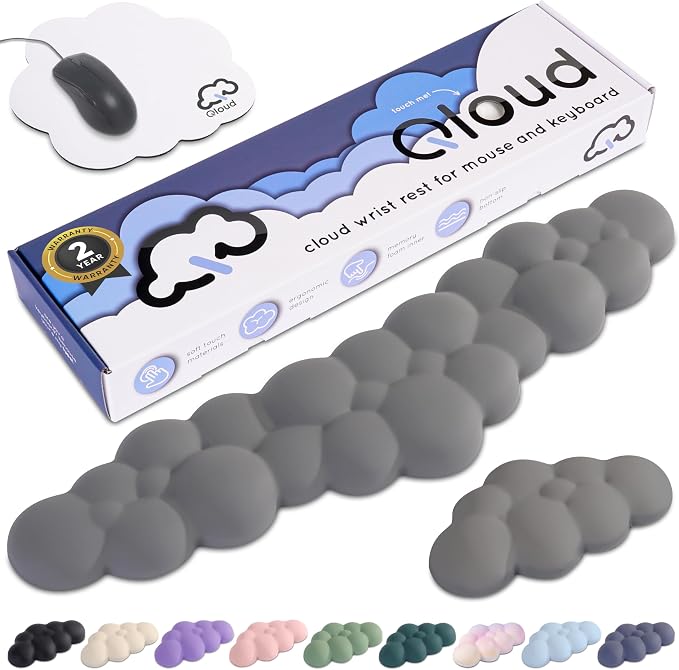 Cloud Keyboard Wrist Rest – Create-ables Qloud Cloud Wrist Rest for Computer Keyboard and Mouse, Ergonomic Memory Foam Wrist Pad with Non-Slip Base, Includes Cloud Mouse Pad – Gray
