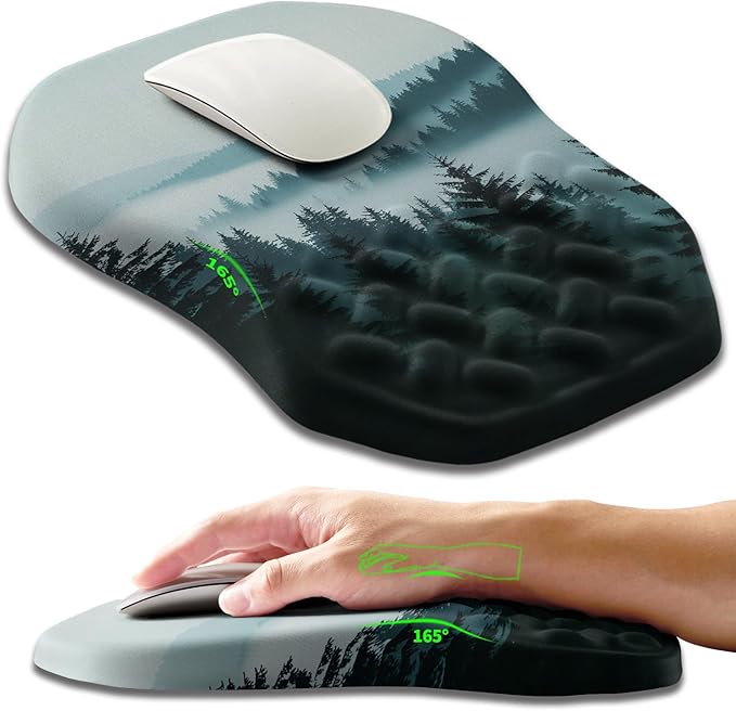 Ergonomic Slope Mouse Pad Wrist Support, Wrist Rest Mousepad for Carpal Tunnel Pain Relief with Massage Bulge and Slow Rebound Memory Foam (12x8 inch, Foggy Forest)