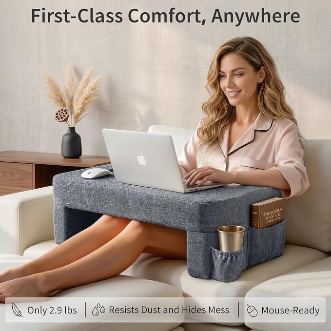 Septsun 26" Extra Wide Lap Desk Pillow, Laptop Desk for Couch and Bed | Modern Gray Large Soft Foam Workstation with Ergonomic Armrest Elbow Relief; Mouse-ready Fabric, Cup Holder, Sofa Gaming