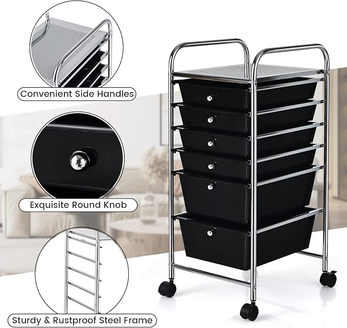 COSTWAY 6-Drawer Rolling Storage Cart, Art Craft Tools Organizer on Wheels | Multifunctional Heavy Duty Utility Mobile Storage Trolley w/ 2 Lockable Wheels for Home Office School (Black)