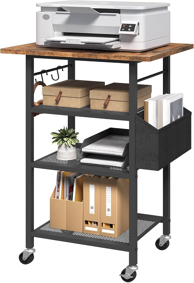 MAHANCRIS 4-Tier Printer Stand, Rolling Printer Table on Wheels, Industrial Storage Stand with Side Pocket, Wooden Tabletop, 2 S-Shaped Hooks, for Home Office, Rustic Brown and Black PTHR2601