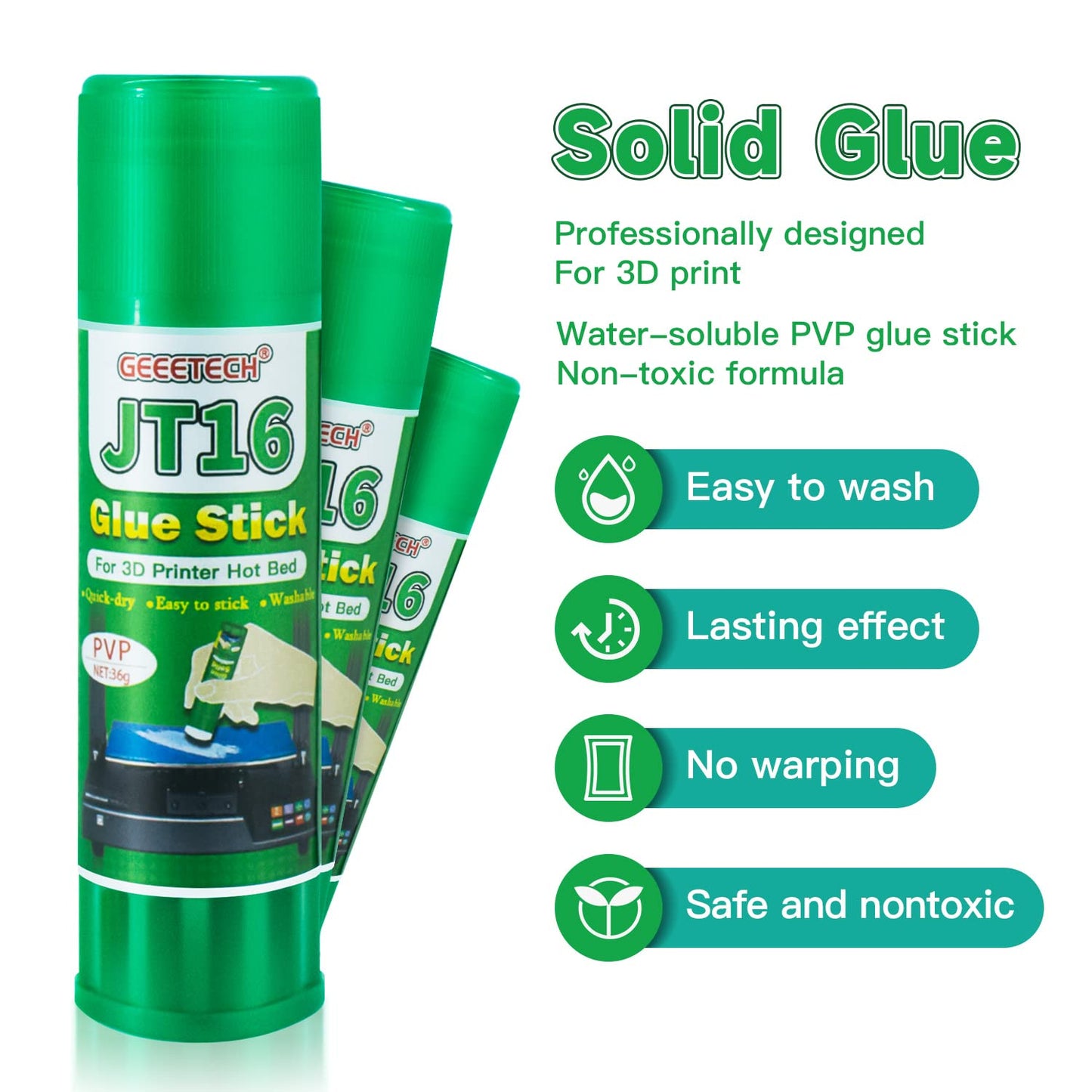 Geeetech 6pc 3D Printer Glue Sticks, 3D Printer Bed Adhesive for Hot Bed Printing, 36 Gram Each, Washable, PVP Solid 3D Print Glue Stick 3D Gloop for PLA/ABS/PETG/PC/PA/TPU