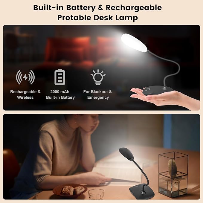 Portable Battery Powered Desk Lamp Small Rechargeable LED Table Light | 400 Lumen Eye Care,3 Color Temperatures,Stepless Touch Dimming,360° Adjustable for Nail Study Dorm Office Bedroom,Black 2 Pcs