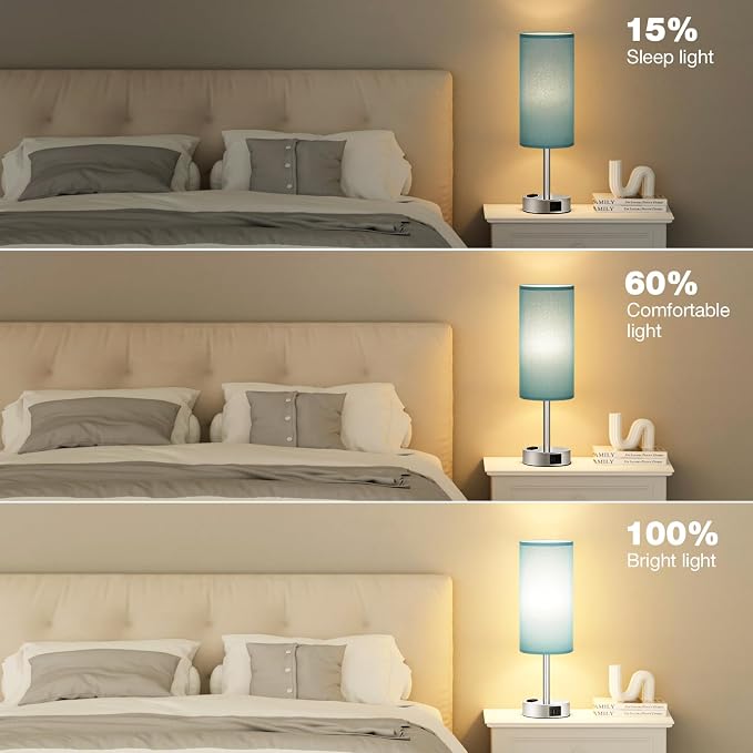 Turquoise Nightstand Table Lamp for Bedroom - 3 Way Dimmable Touch Lamp USB A and C Charging Ports and AC Outlet, Small Lamp for Office Desk with Metal Base, LED Bulb Included
