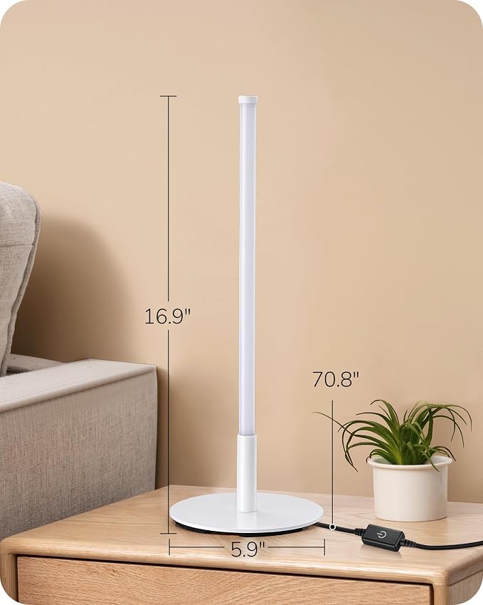 EDISHINE LED Table Lamp, Minimalist Desk Lamps for Home Office, White | Dimmable, 3 Color Temperature, Power Cord Touch Switch, Metal Finish, Ideal for Bedroom, Living Room