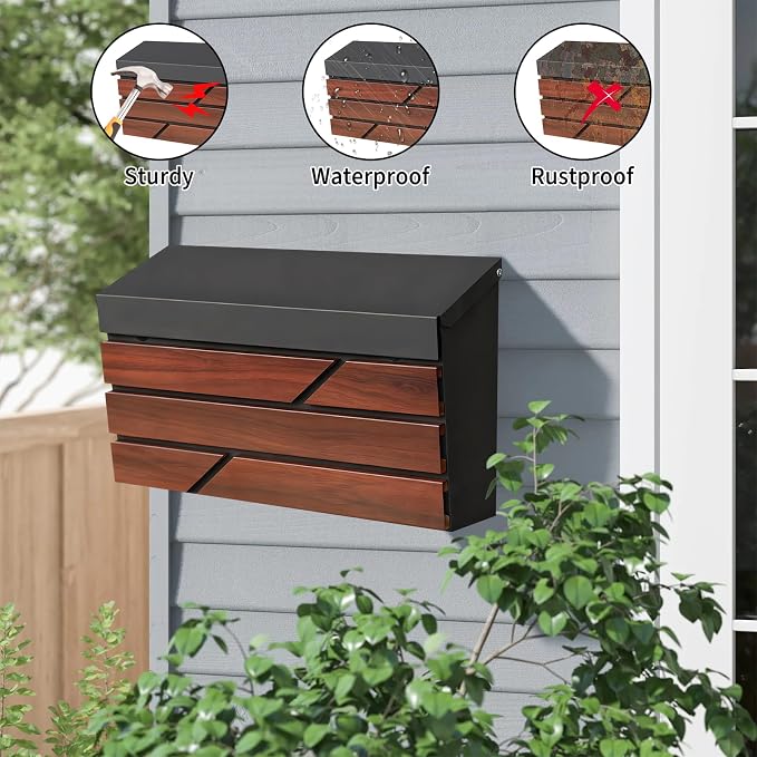 Wall Mount Mailbox for House Outside, Large Capacity Mailbox Drop Box, Galvanized Steel and Rust-Proof Metal Post Box, 15.74"x9.84"x4.33", Wood