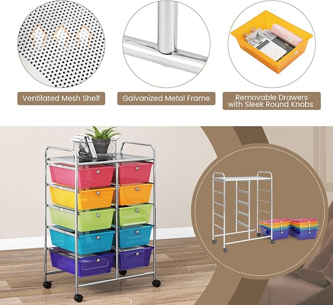 RELAX4LIFE Rolling Storage Cart with 10 Drawers - Craft Storage Cart with Lockable Wheels,Utility Cart, Art Cart Organizer for Crafting Storage, Studio, Office, School Rolling Drawer Cart (Rainbow)
