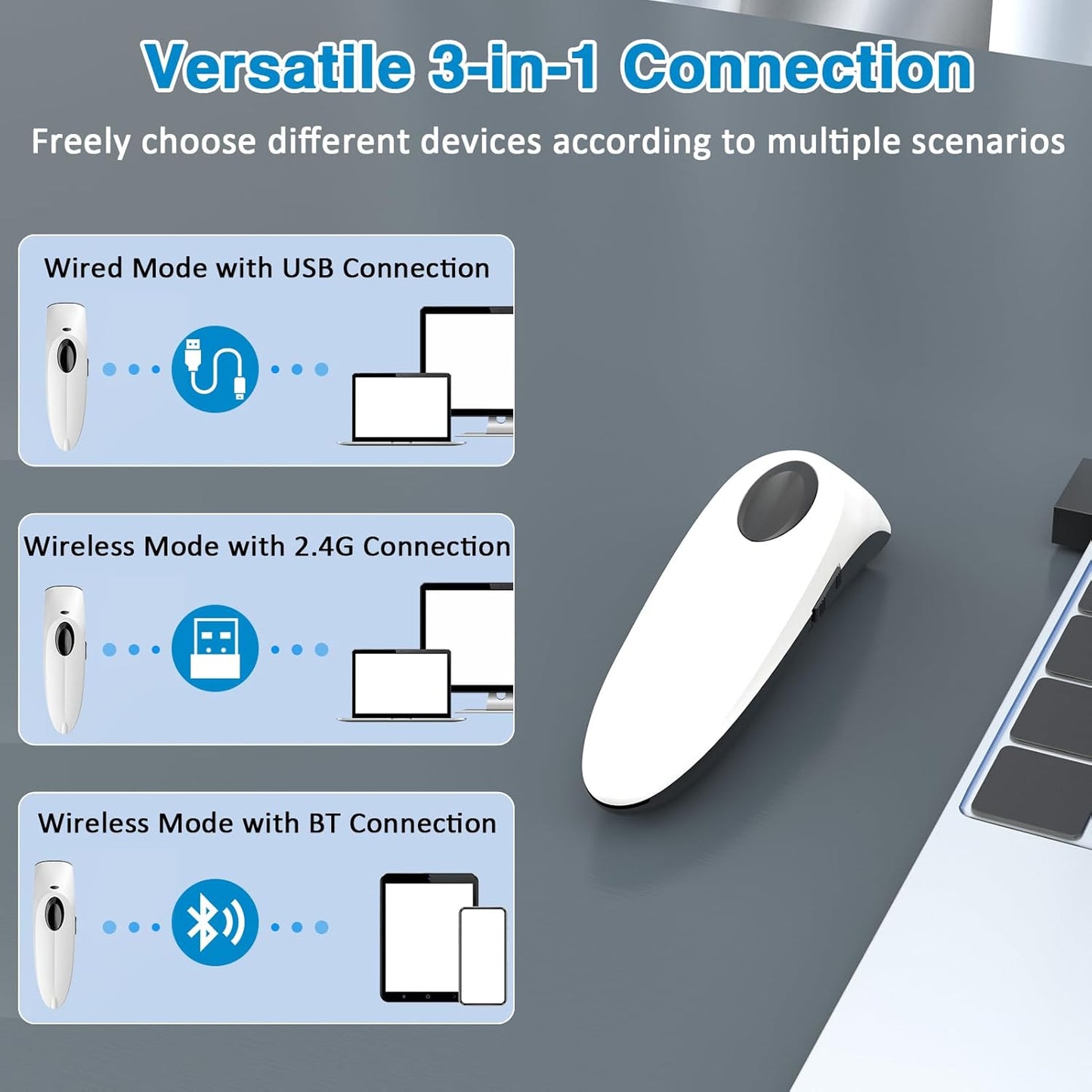 Alacrity1D 2D QR Barcode Scanner Compatible with 2.4G Wireless & Bluetooth Function & Wired Connection, Cordless Handheld Barcode Scanner Compact Plug and Play, Connect Smart Phone, Tablet, PC White