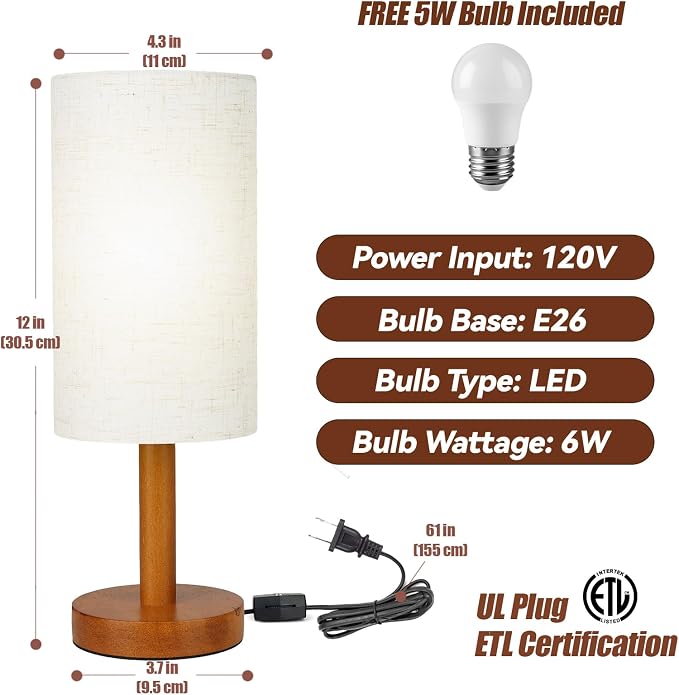 LALISU Small Table Lamp Nightstand Lamp Linen Lampshade Bedroom Wood Base Small Bedside Lamp for Night Stands, Desk Lamps for Reading Living Room, Office (LED Bulb Included) (Rosewood)