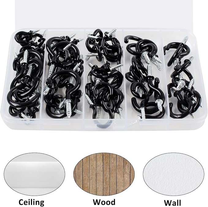 90 Pcs Black Ceiling Hooks Kit - 6 Sizes Vinyl Coated Screw-in Hooks for Hanging (1/2", 5/8", 3/4", 7/8", 1", 1-1/4")