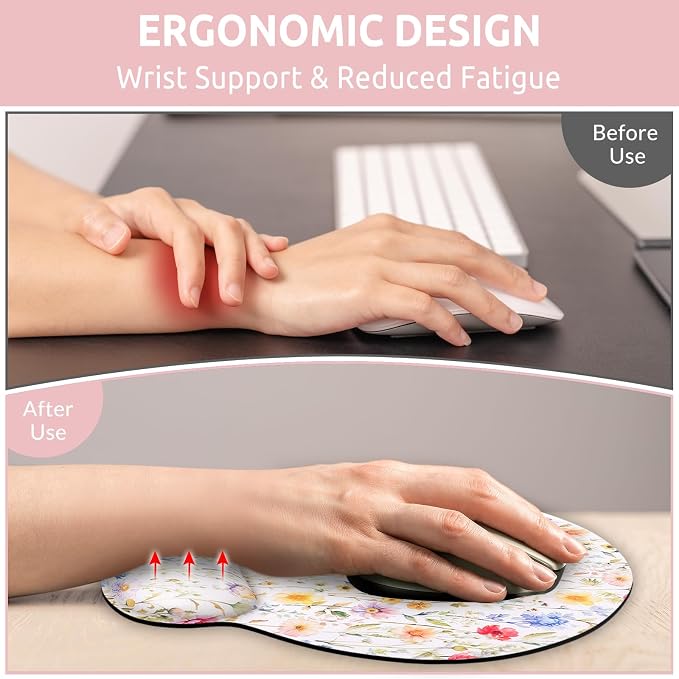 KONVINIT Ergonomic Mouse Pad with Wrist Rest, Small Mousepad with Non-Slip Rubber Base and Smooth Surface, Floral Mouse Pads for Desk, Office Desk Accessories