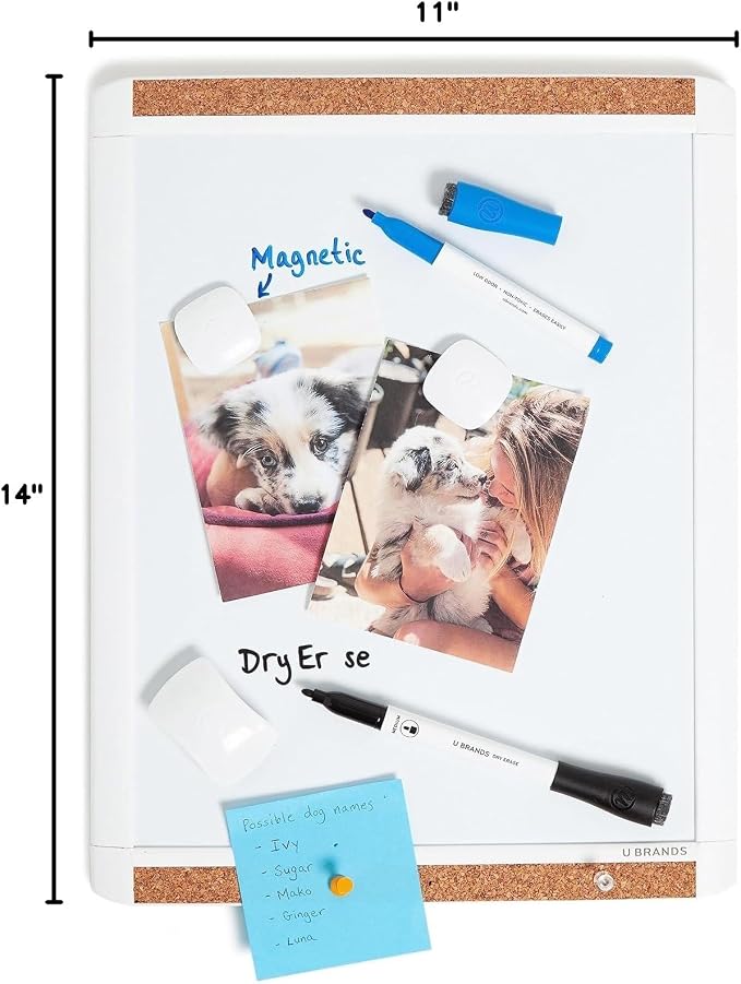 U Brands Contempo Magnetic Dry Erase Board, PINIT White Board, 11" x 14" Inches, White Plastic Frame Includes Markers, Magnets, Mini Eraser, Push Pins