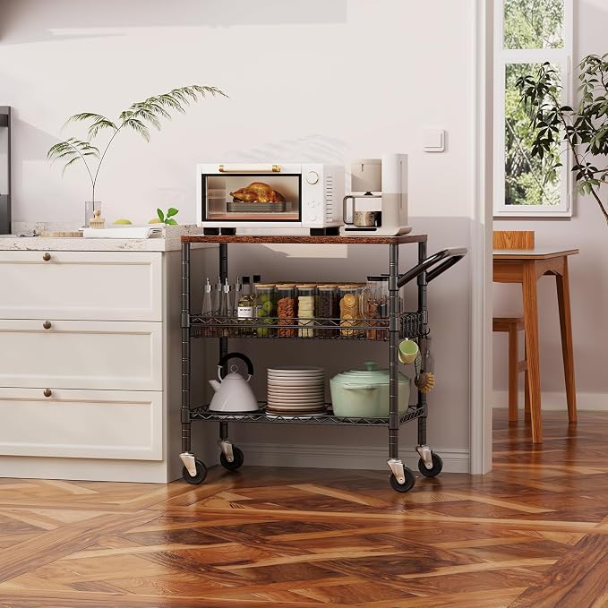 3 Tier Rolling Carts with Wheels, Heavy Duty Rolling Utility Cart with Wood Tabletop, Commercial Grade Metal Cart with Handle and Hooks, NSF Storage Serving Carts for Kitchen Island, Wood+Metal