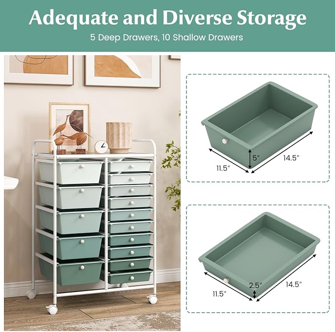 GLACER 15 Drawers Rolling Storage Cart, Steel Frame Craft Organizer Cart | Utility Cart w/ Lockable Wheels & Handle, Mobile Art & Tool Supply Trolley for Teacher, Home, School, Office (Green Gradient)