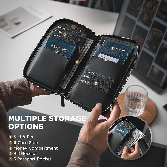 VULKIT Family Passport Holder for 4 Passports, RFID Blocking Travel Wallet | 6 Card Slots, 2 SIM Pockets, Secure Zipper Closure, Holds 4 Passports, Family Travel Essential