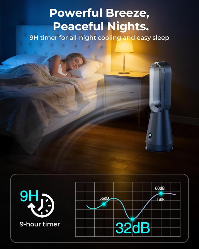 22" Small 32dB Silent Bladeless Tower Fan with Remote, Magnetic Washable Filter, LED Display, 8 Speed Settings, 80 Oscillation, 1-9H Timer, 30W Energy Saving for Indoor Use Bedroom and Office