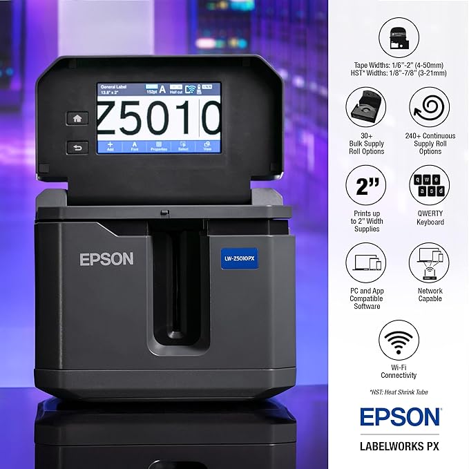 LABELWORKS Epson LW-Z5010PX-B Industrial Label Maker and Bonus Bulk 1" Black on White Vinyl Tape - Complete Printer Kit with Accessories, Bulk Label Roll B224VTBWPX, Desktop Printer
