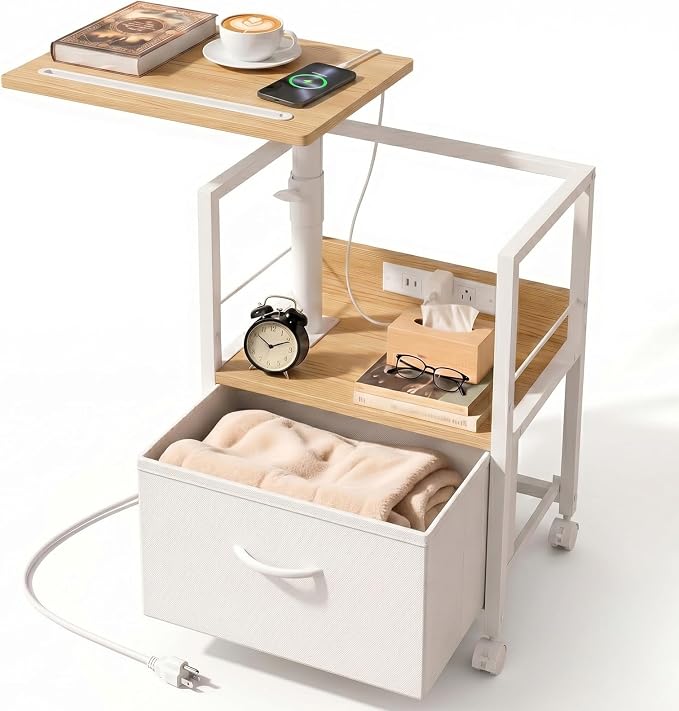 Faesun Swivel Lift Top Nightstand with Charging Station, Rolling Side Table for Recliner, Bedside Table with Wheels & a Fabric Drawer, for Small Spaces, for Bedroom, Living Room, Oak White