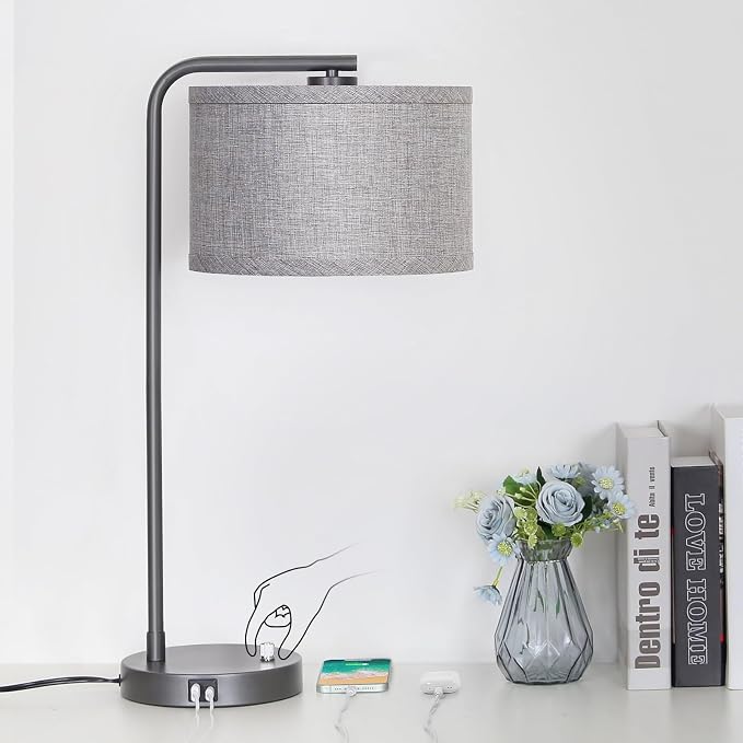 Gray Bedside Lamp with USB C+A Ports, Fully Dimmable Modern Nightstand Lamp | 25" Tall Side Table Lamp with Grey Fabric Shade, Reading Desk Lamp for Bedroom Living Room Office, 3000K LED Bulb Included