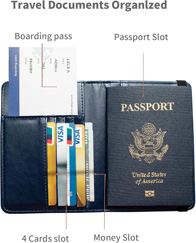 Passport Holder and Card Slot Combo RFID Blocking Leather Travel Passport Wallet for Men and Women US Passport Cover, Blue