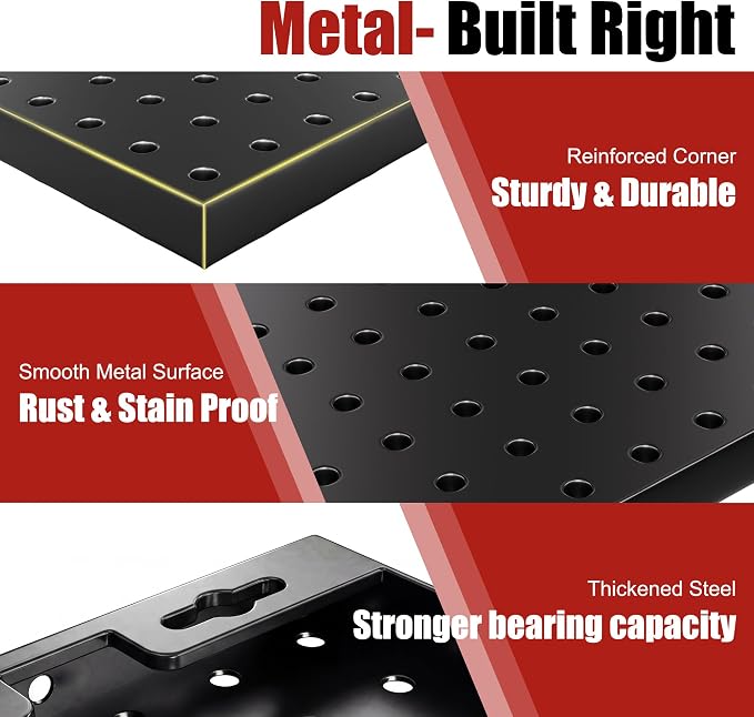 Heavy Duty Peg Board, 4 Pack Metal Pegboard Panels with 50 Hooks | Black Pegboard Organizer - Wall Mount Storage System for Garage and Garden Tools, Workbench, Office & Home Organization